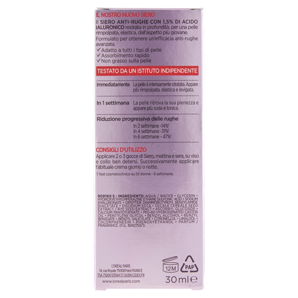 L'Oréal Paris Siero Rimpolpante Revitalift Filler anti-rughe in pipetta, 30 ml